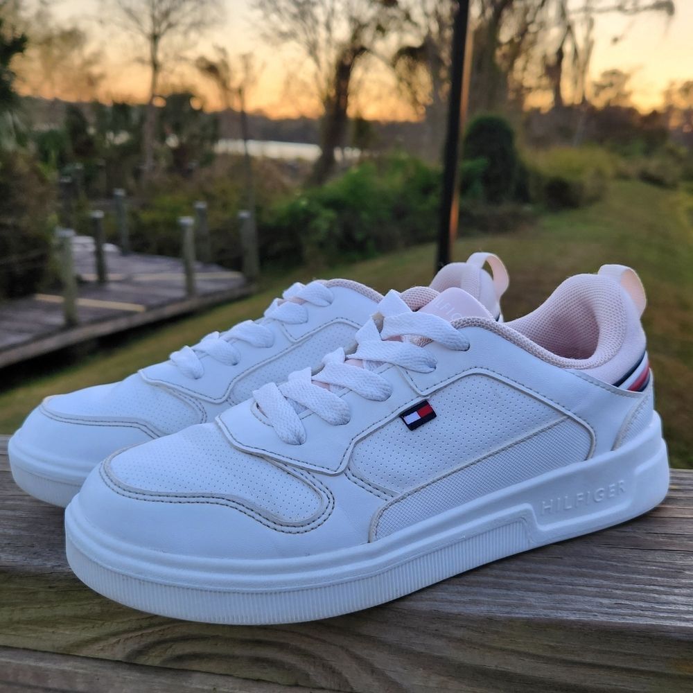 Authentic Tommy Hilfiger Low Court White/Pink Sneakers Leather Kids Shoes Size 3 - Picture 8 of 13